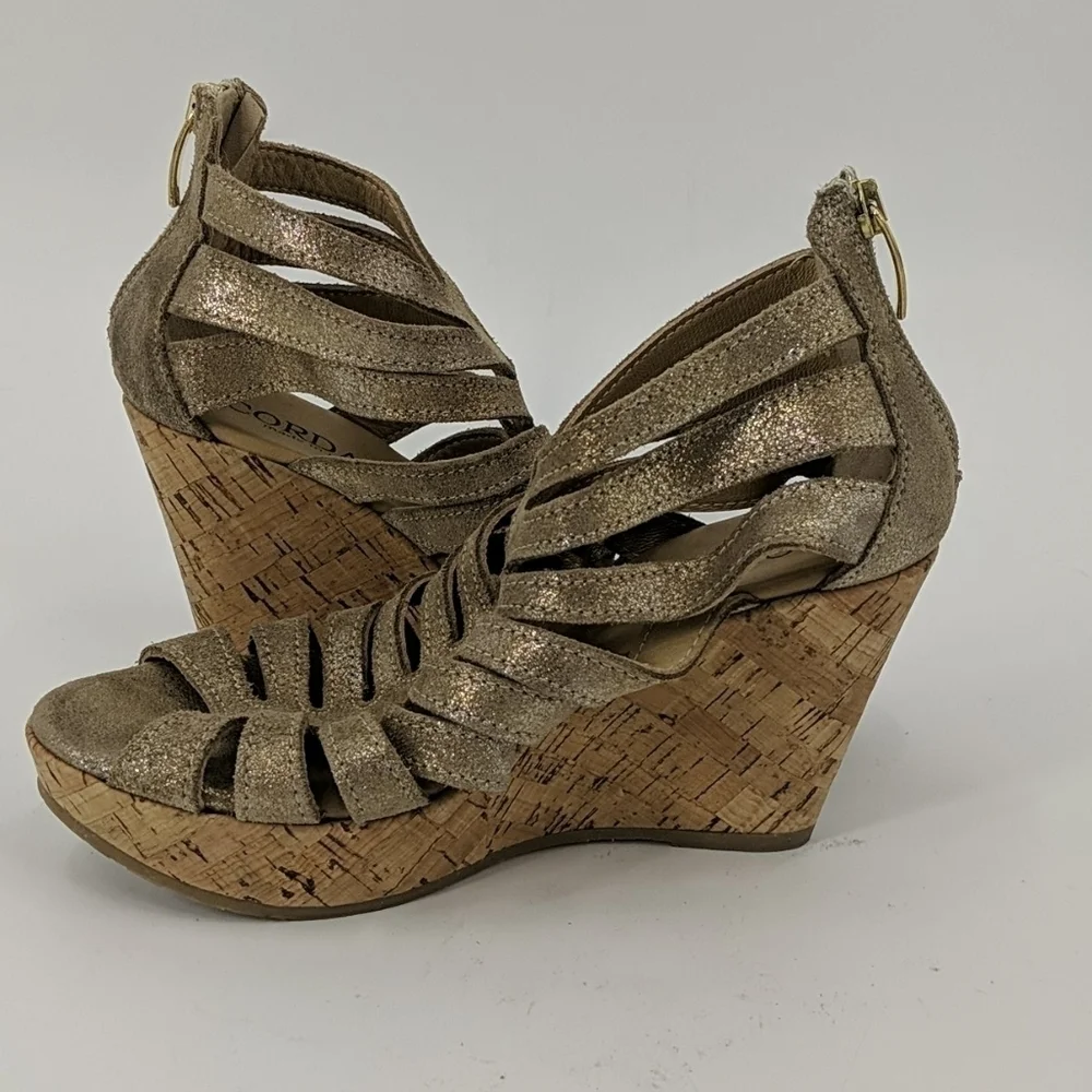 NWT CORDANI Metallic Leather Cork Wedge Sandals